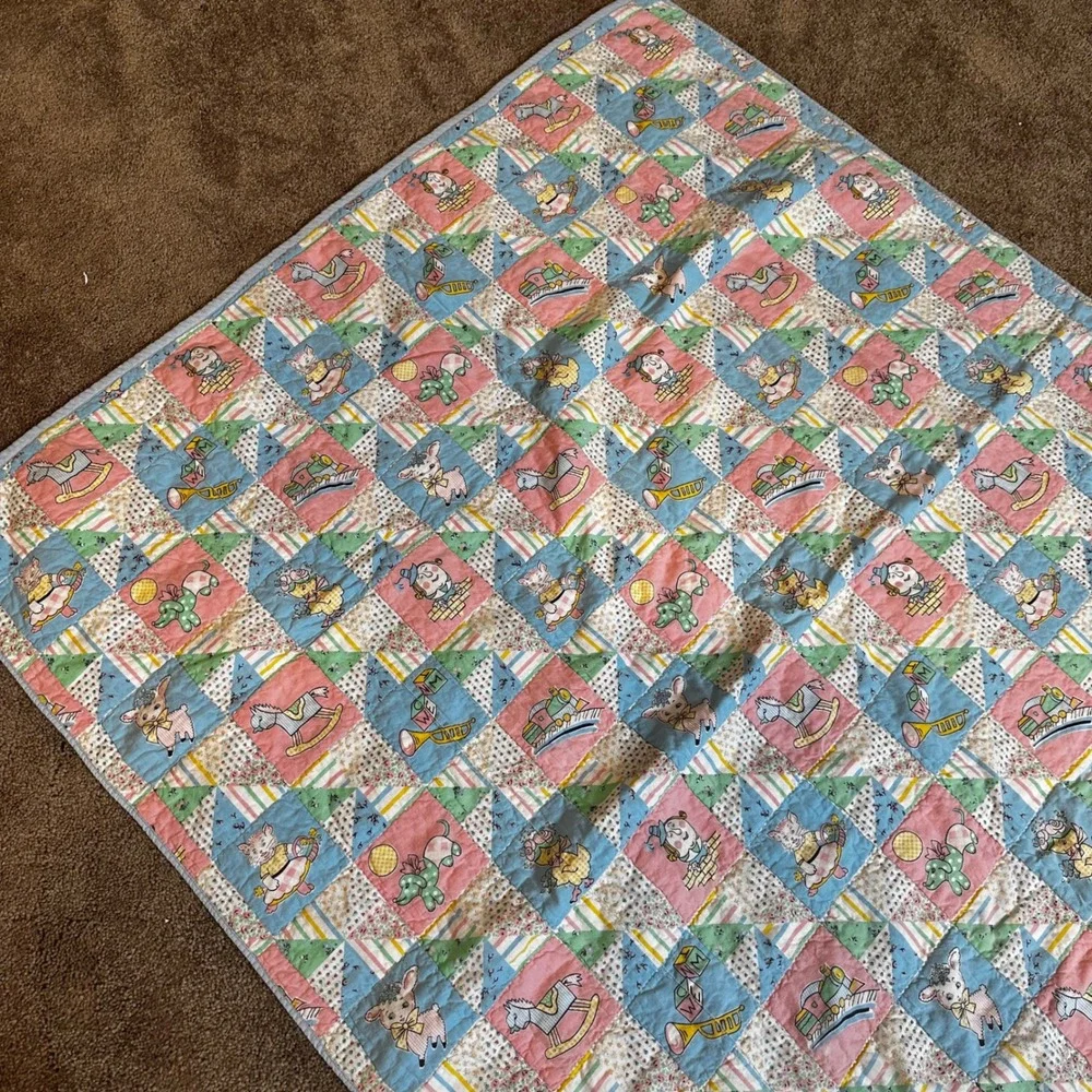 Vintage Baby Quilt Blanket Humpty Lamb Dog Train Doll 52 in x 41 in Cotton 100%